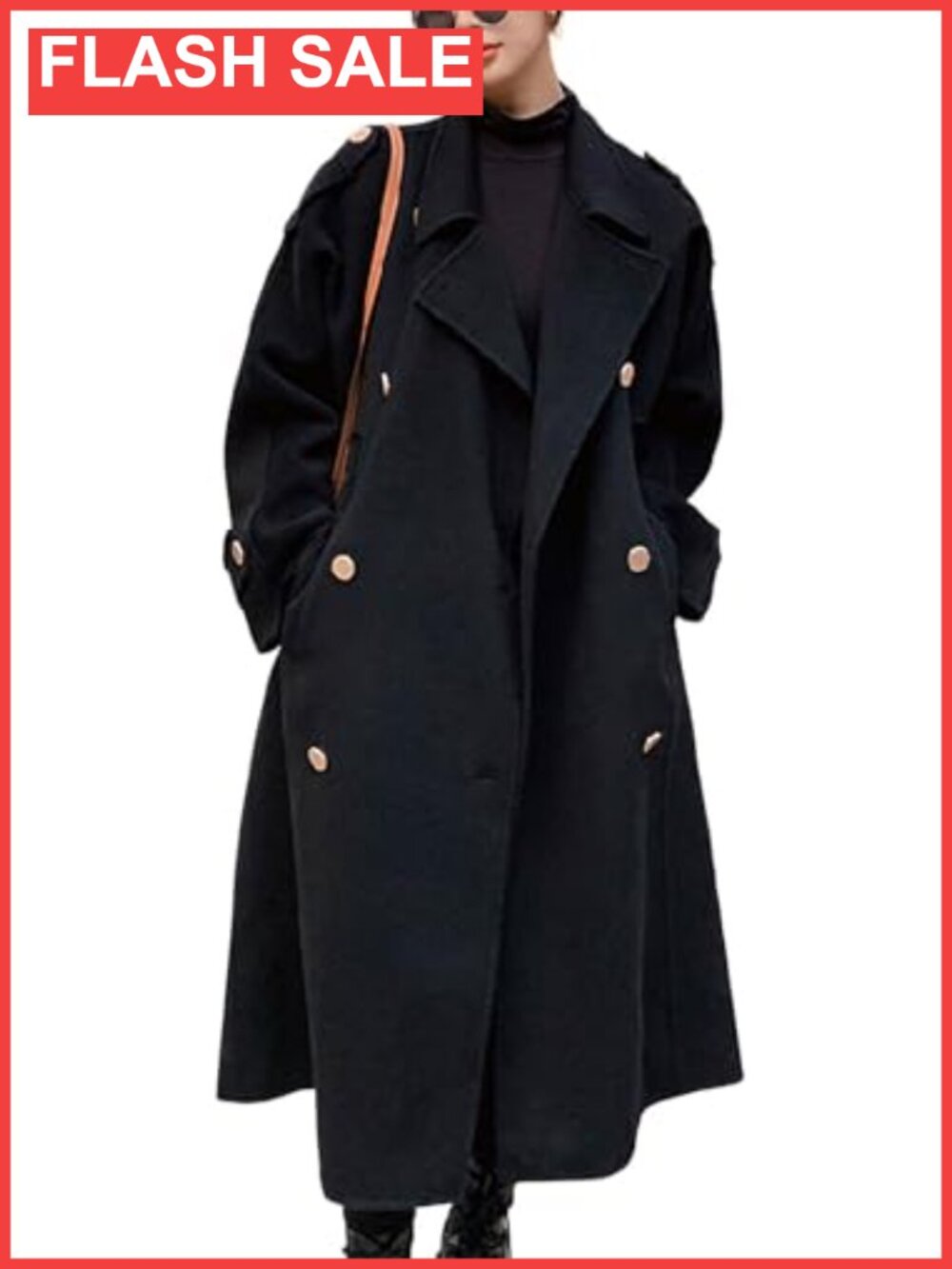 Women's Double Breasted Midi Long Wool Pea Coat Notch Lapel Winter Trench Coat